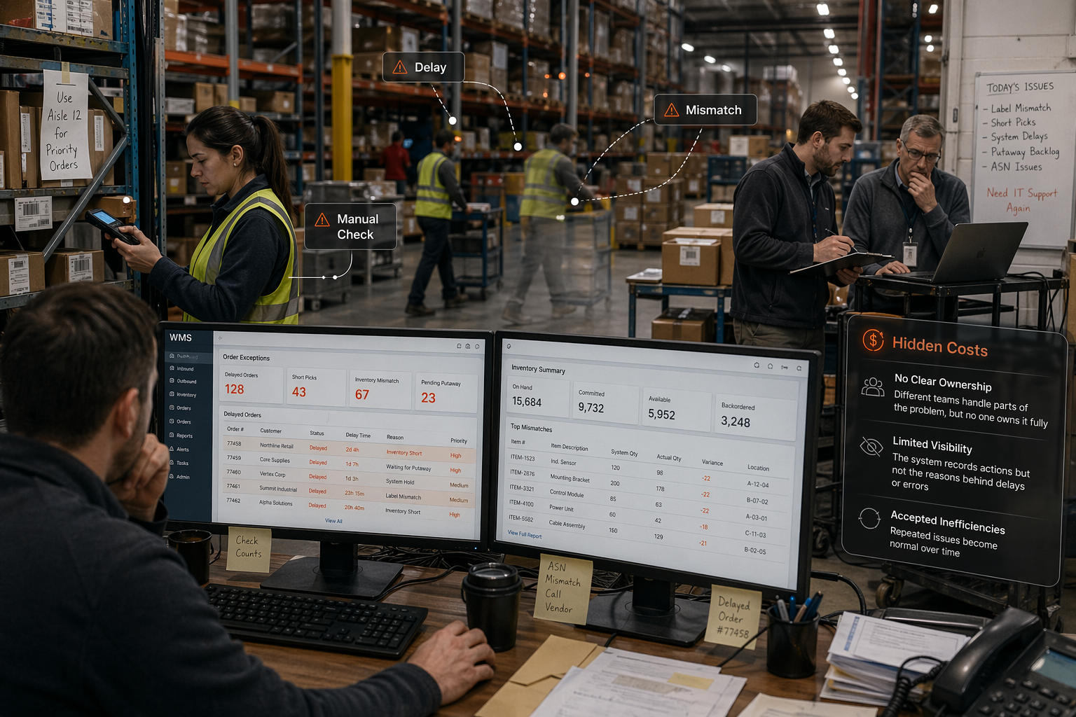 WMS running while manual fixes, delays, and hidden inefficiencies increase operational costs.